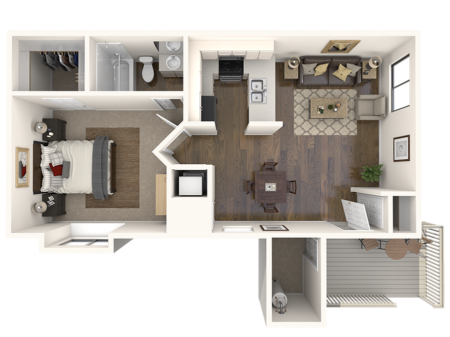 Floor plan for 1 bed, 1 bath, 715 sqft